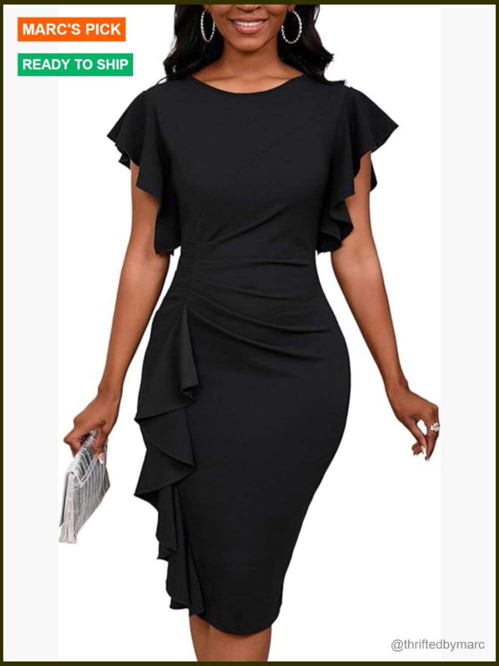 Vintage 50s Inspired Short Ruffle Sleeve Church Dress Bodycon Pencil Midi Dress